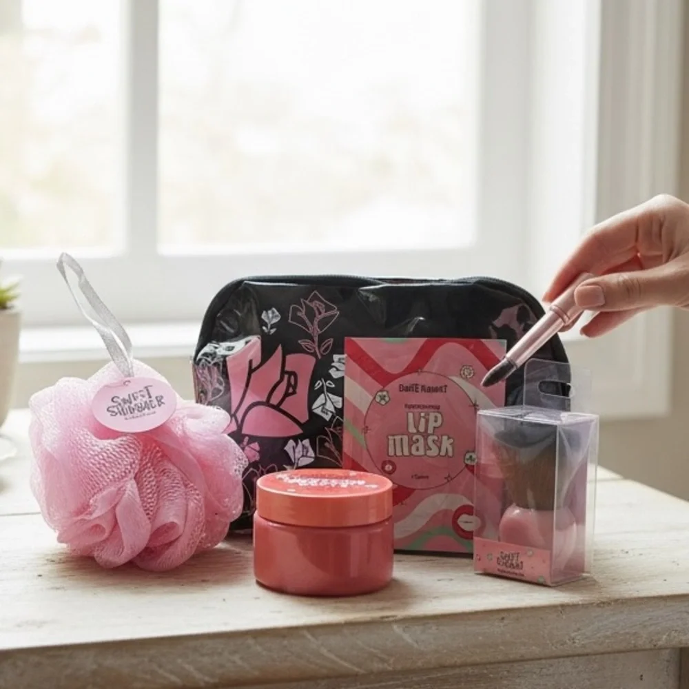 Lancôme Black Floral Cosmetic Bag w/ Sweet Shimmer Spa & Beauty Set